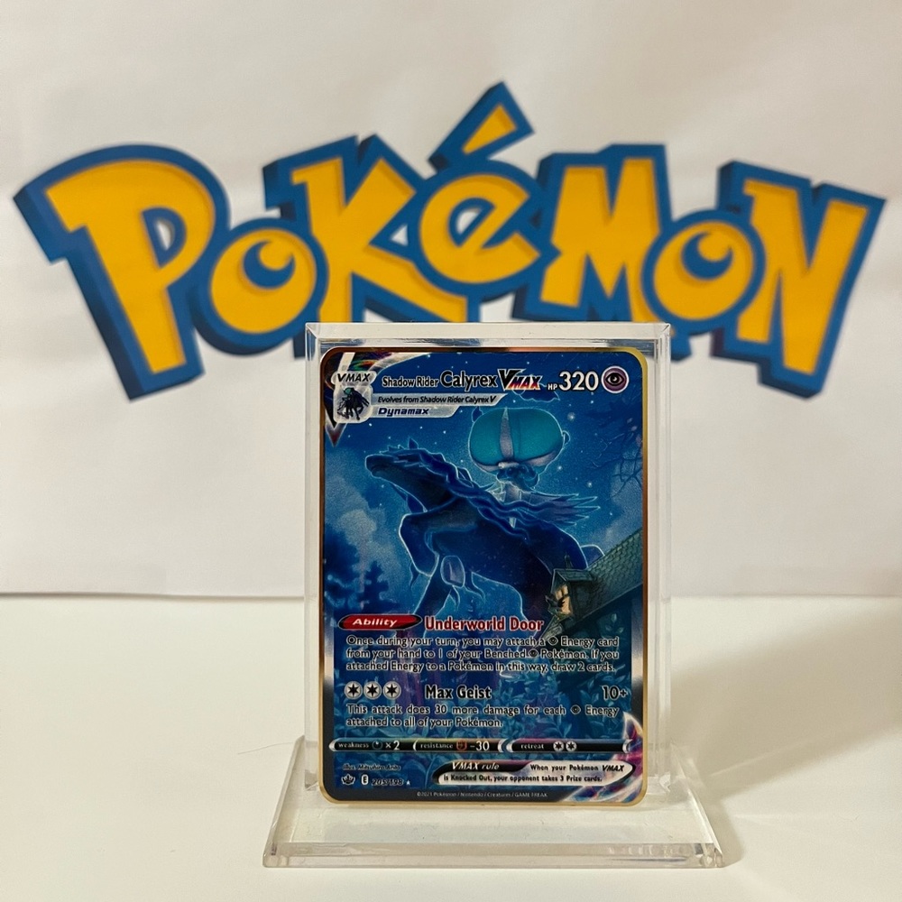 Pokémo Shadow Rider Calyrex VMAX 205/198  Chilling Reign Fan Art Metal Gold Card
